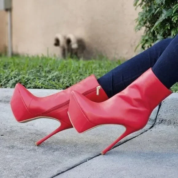 Red Pointy Toe Heel Boots for Women Side Zipper Pull On Style - Picture 4 of 6